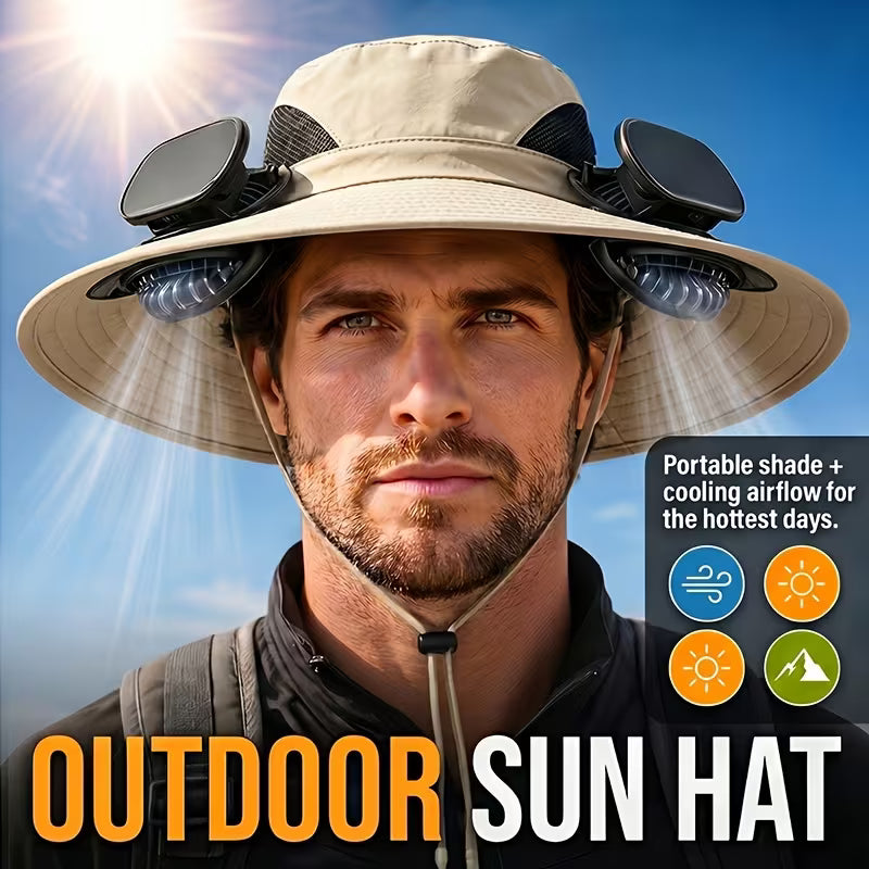 Solar Fan Hat — featuring a solar-powered fan and USB charging design, with a lightweight wide brim.