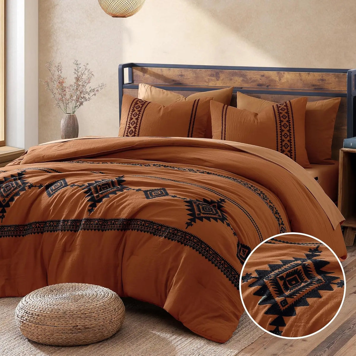 Embroidered Microfiber 7-Pc Comforter Set with – Comforter, Flat Sheet, Fitted Sheet, 2 Pillowcases, 2 Shams, Double-Sided Storage Design