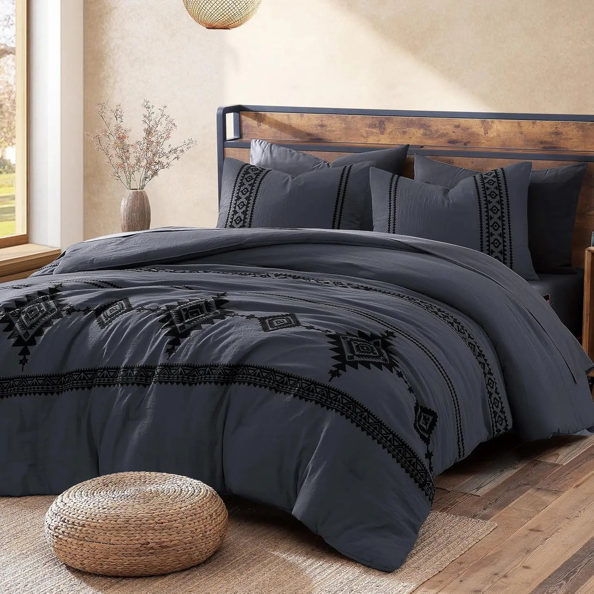 Embroidered Microfiber 7-Pc Comforter Set with – Comforter, Flat Sheet, Fitted Sheet, 2 Pillowcases, 2 Shams, Double-Sided Storage Design