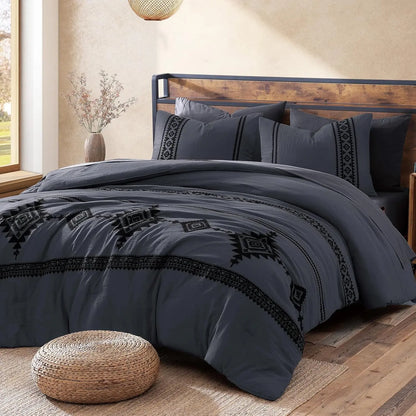Embroidered Microfiber 7-Pc Comforter Set with – Comforter, Flat Sheet, Fitted Sheet, 2 Pillowcases, 2 Shams, Double-Sided Storage Design