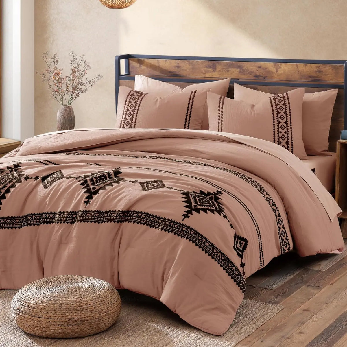 Embroidered Microfiber 7-Pc Comforter Set with – Comforter, Flat Sheet, Fitted Sheet, 2 Pillowcases, 2 Shams, Double-Sided Storage Design