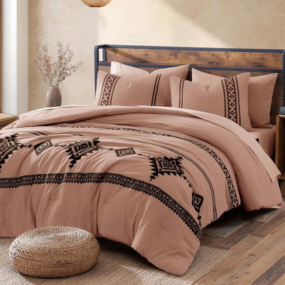 Embroidered Microfiber 7-Pc Comforter Set with – Comforter, Flat Sheet, Fitted Sheet, 2 Pillowcases, 2 Shams, Double-Sided Storage Design