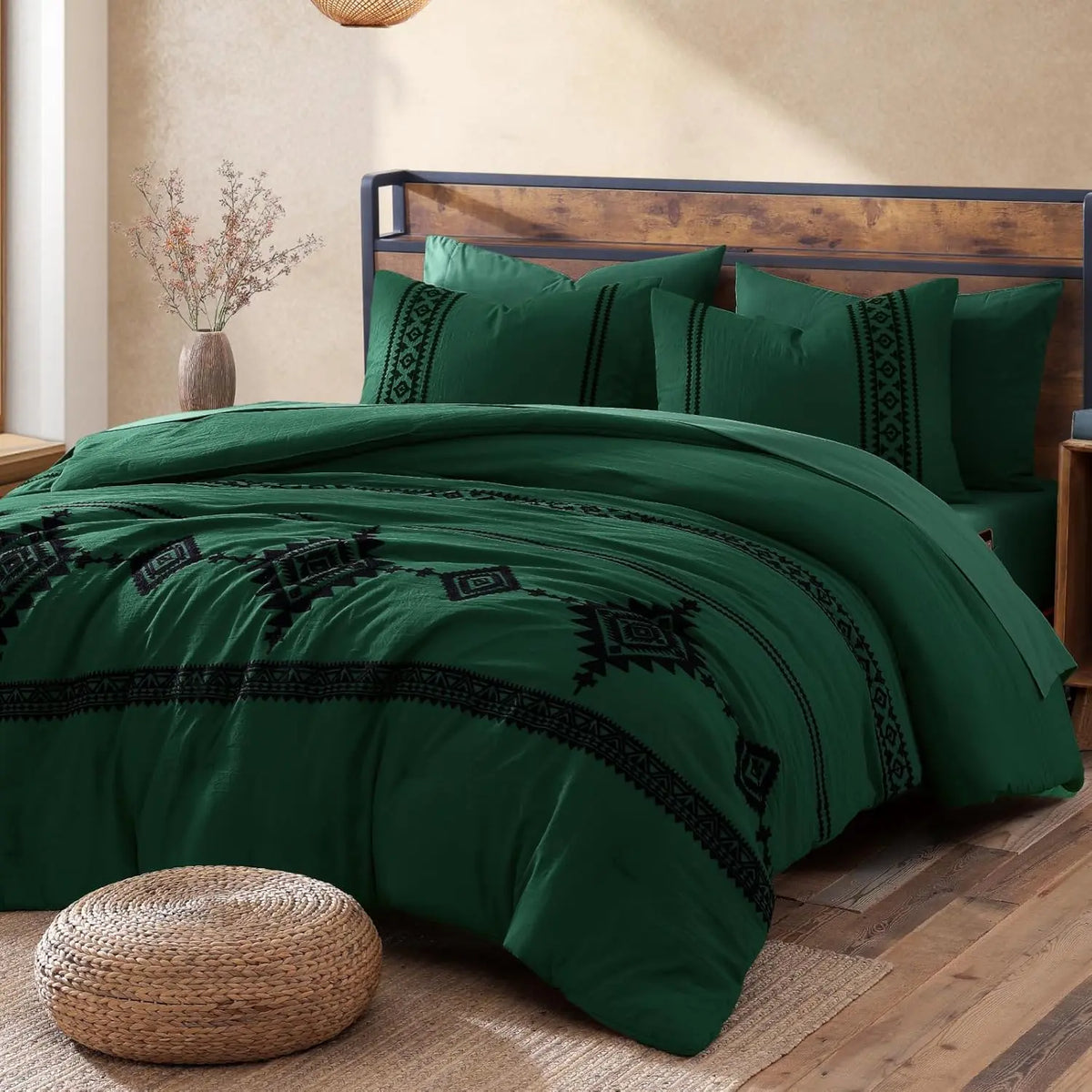 Embroidered Microfiber 7-Pc Comforter Set with – Comforter, Flat Sheet, Fitted Sheet, 2 Pillowcases, 2 Shams, Double-Sided Storage Design