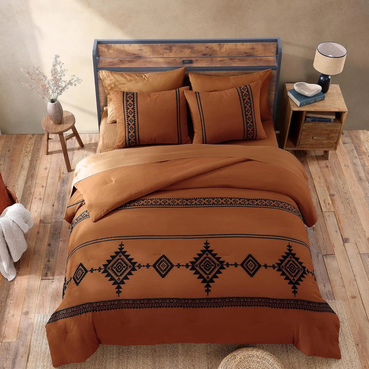 Embroidered Microfiber 7-Pc Comforter Set with – Comforter, Flat Sheet, Fitted Sheet, 2 Pillowcases, 2 Shams, Double-Sided Storage Design
