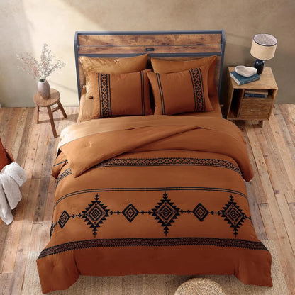 Embroidered Microfiber 7-Pc Comforter Set with – Comforter, Flat Sheet, Fitted Sheet, 2 Pillowcases, 2 Shams, Double-Sided Storage Design