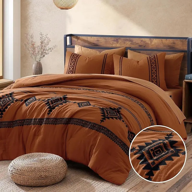 Embroidered Microfiber 7-Pc Comforter Set with – Comforter, Flat Sheet, Fitted Sheet, 2 Pillowcases, 2 Shams, Double-Sided Storage Design