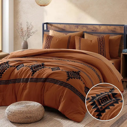 Embroidered Microfiber 7-Pc Comforter Set with – Comforter, Flat Sheet, Fitted Sheet, 2 Pillowcases, 2 Shams, Double-Sided Storage Design