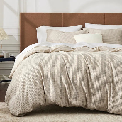 100% Cotton Waffle Duvet Cover Set, Breathable & Comfortable — Includes 1 Soft Comforter and 2 Pillowcases