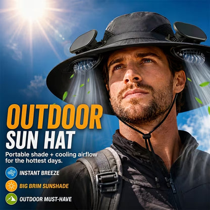 Solar Fan Hat — featuring a solar-powered fan and USB charging design, with a lightweight wide brim.