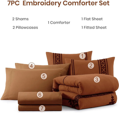 Embroidered Microfiber 7-Pc Comforter Set with – Comforter, Flat Sheet, Fitted Sheet, 2 Pillowcases, 2 Shams, Double-Sided Storage Design