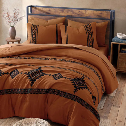 Embroidered Microfiber 7-Pc Comforter Set with – Comforter, Flat Sheet, Fitted Sheet, 2 Pillowcases, 2 Shams, Double-Sided Storage Design