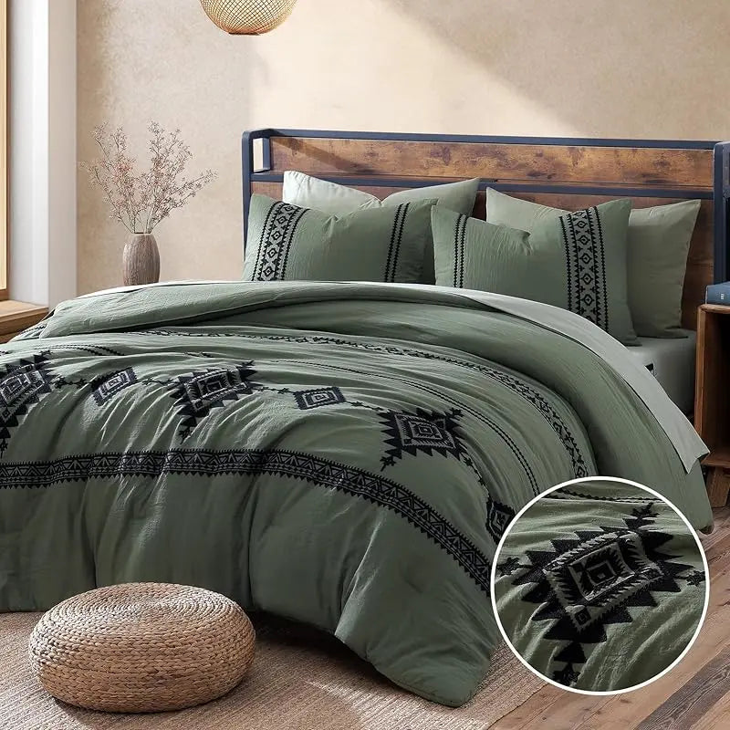 Embroidered Microfiber 7-Pc Comforter Set with – Comforter, Flat Sheet, Fitted Sheet, 2 Pillowcases, 2 Shams, Double-Sided Storage Design