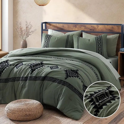 Embroidered Microfiber 7-Pc Comforter Set with – Comforter, Flat Sheet, Fitted Sheet, 2 Pillowcases, 2 Shams, Double-Sided Storage Design