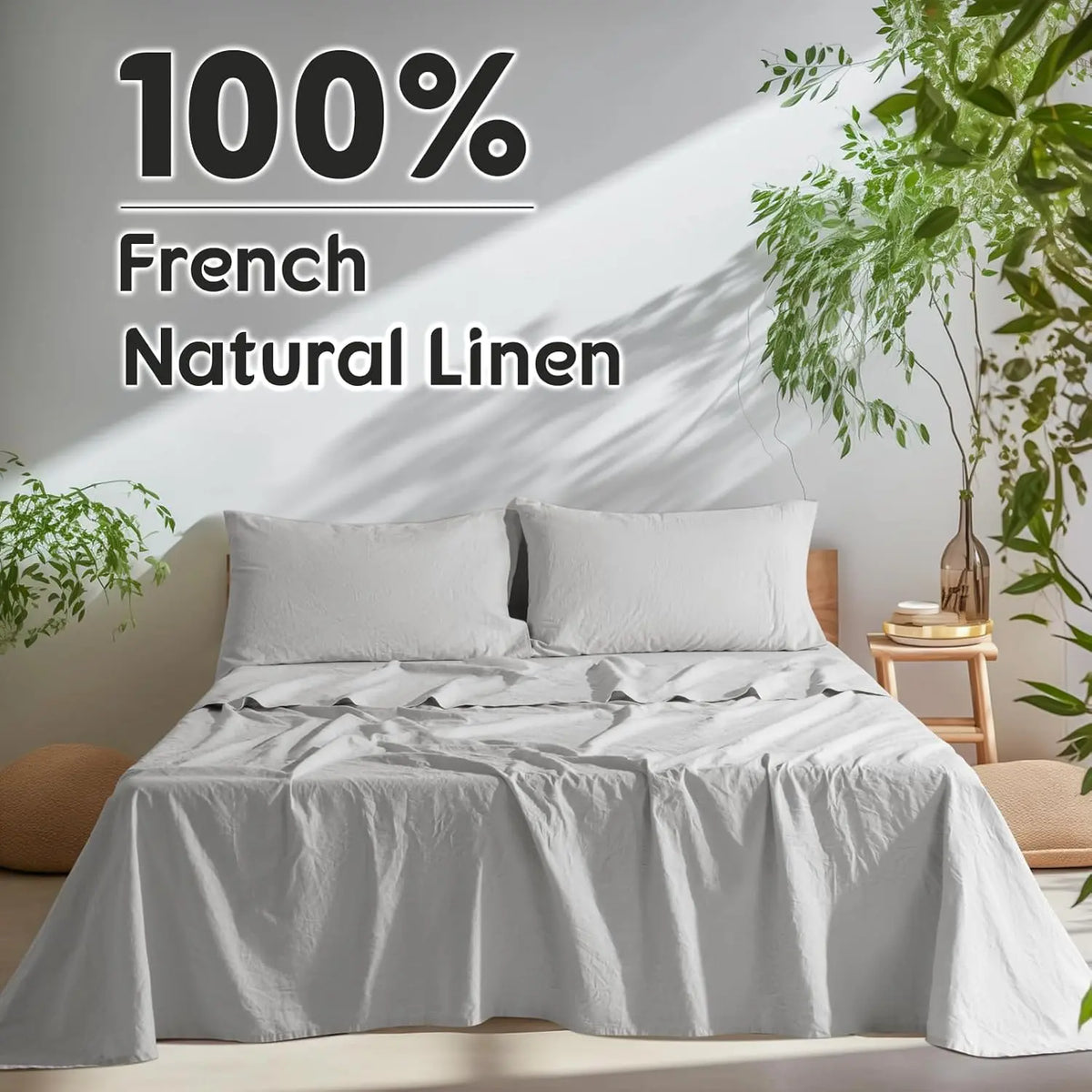 Natural Linen 4-Piece Sheet Set – 1 Fitted Sheet, 1 Flat Sheet & 2 Pillowcases – Cooling, Breathable & Machine Washable – 16 Inch Deep Pocket
