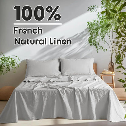 Natural Linen 4-Piece Sheet Set – 1 Fitted Sheet, 1 Flat Sheet & 2 Pillowcases – Cooling, Breathable & Machine Washable – 16 Inch Deep Pocket