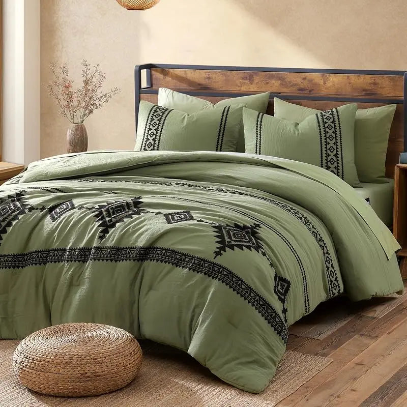 Embroidered Microfiber 7-Pc Comforter Set with – Comforter, Flat Sheet, Fitted Sheet, 2 Pillowcases, 2 Shams, Double-Sided Storage Design