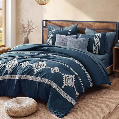 Embroidered Microfiber 7-Pc Comforter Set with – Comforter, Flat Sheet, Fitted Sheet, 2 Pillowcases, 2 Shams, Double-Sided Storage Design