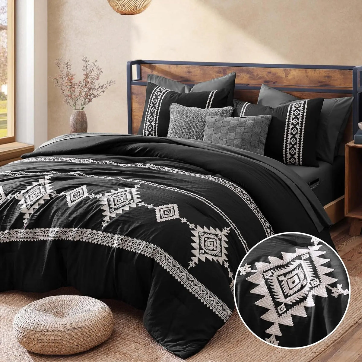 Embroidered Microfiber 7-Pc Comforter Set with – Comforter, Flat Sheet, Fitted Sheet, 2 Pillowcases, 2 Shams, Double-Sided Storage Design