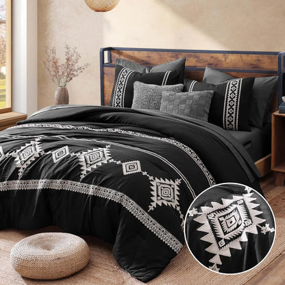 Embroidered Microfiber 7-Pc Comforter Set with – Comforter, Flat Sheet, Fitted Sheet, 2 Pillowcases, 2 Shams, Double-Sided Storage Design