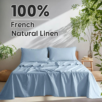 Natural Linen 4-Piece Sheet Set – 1 Fitted Sheet, 1 Flat Sheet & 2 Pillowcases – Cooling, Breathable & Machine Washable – 16 Inch Deep Pocket