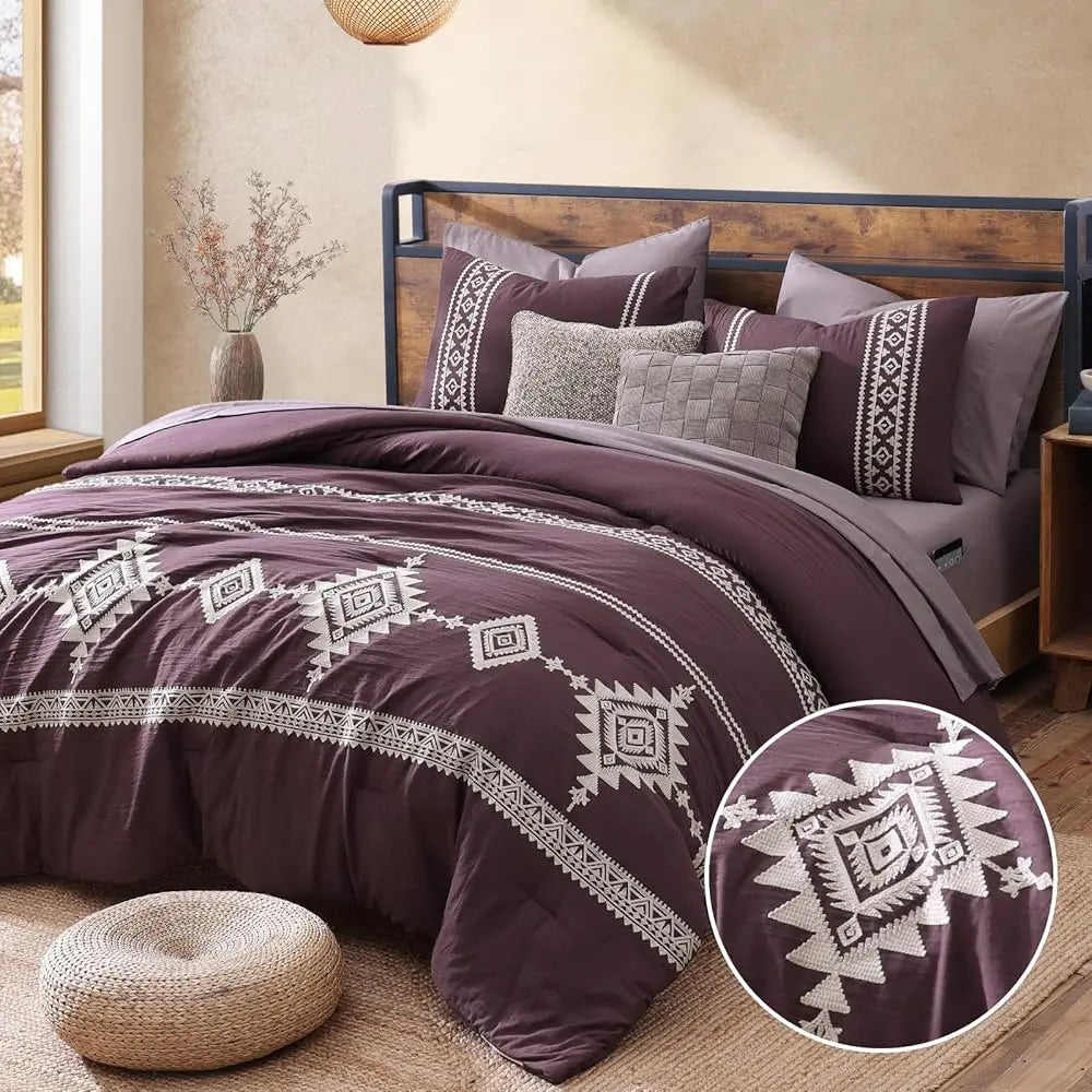 Embroidered Microfiber 7-Pc Comforter Set with – Comforter, Flat Sheet, Fitted Sheet, 2 Pillowcases, 2 Shams, Double-Sided Storage Design