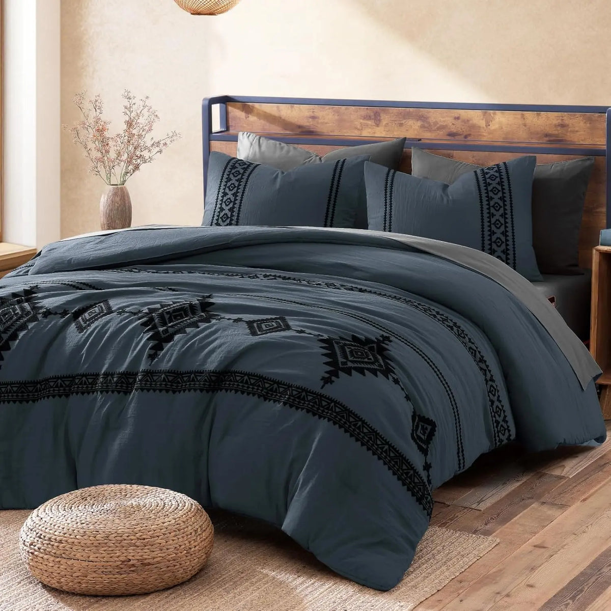 Embroidered Microfiber 7-Pc Comforter Set with – Comforter, Flat Sheet, Fitted Sheet, 2 Pillowcases, 2 Shams, Double-Sided Storage Design