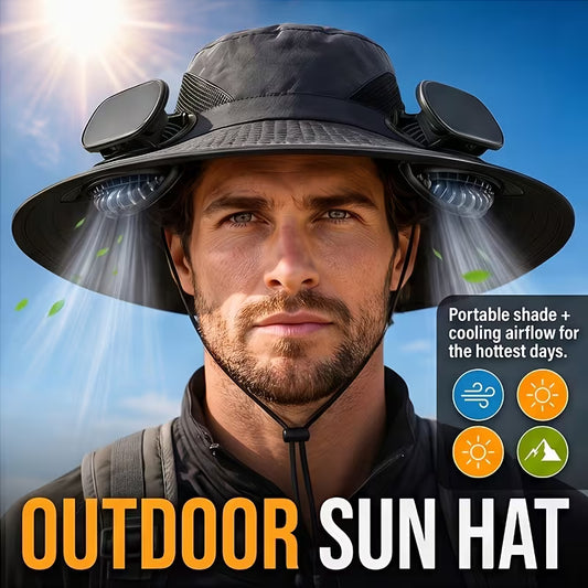 Solar Fan Hat — featuring a solar-powered fan and USB charging design, with a lightweight wide brim.