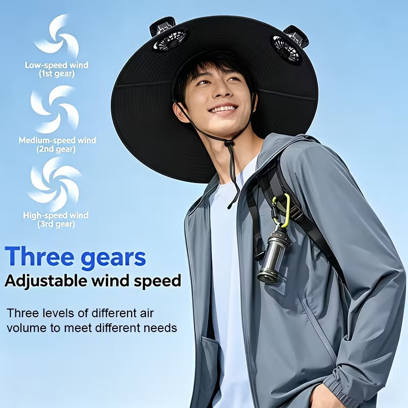 Solar Fan Hat — featuring a solar-powered fan and USB charging design, with a lightweight wide brim.