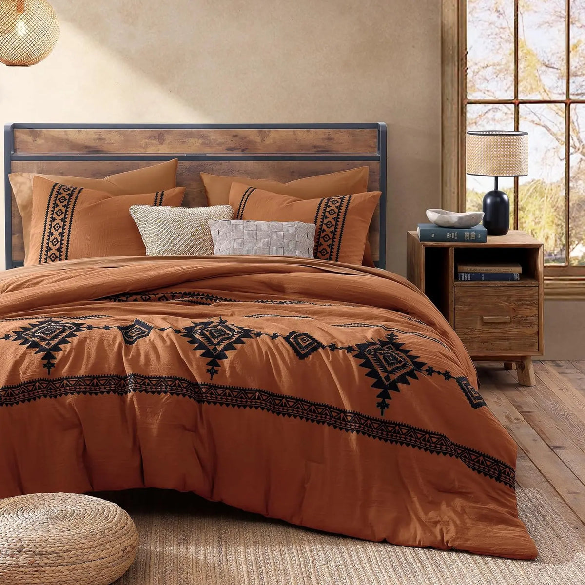 Embroidered Microfiber 7-Pc Comforter Set with – Comforter, Flat Sheet, Fitted Sheet, 2 Pillowcases, 2 Shams, Double-Sided Storage Design