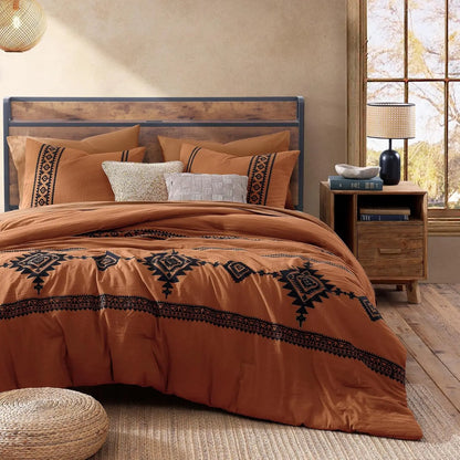 Embroidered Microfiber 7-Pc Comforter Set with – Comforter, Flat Sheet, Fitted Sheet, 2 Pillowcases, 2 Shams, Double-Sided Storage Design
