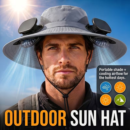 Solar Fan Hat — featuring a solar-powered fan and USB charging design, with a lightweight wide brim.